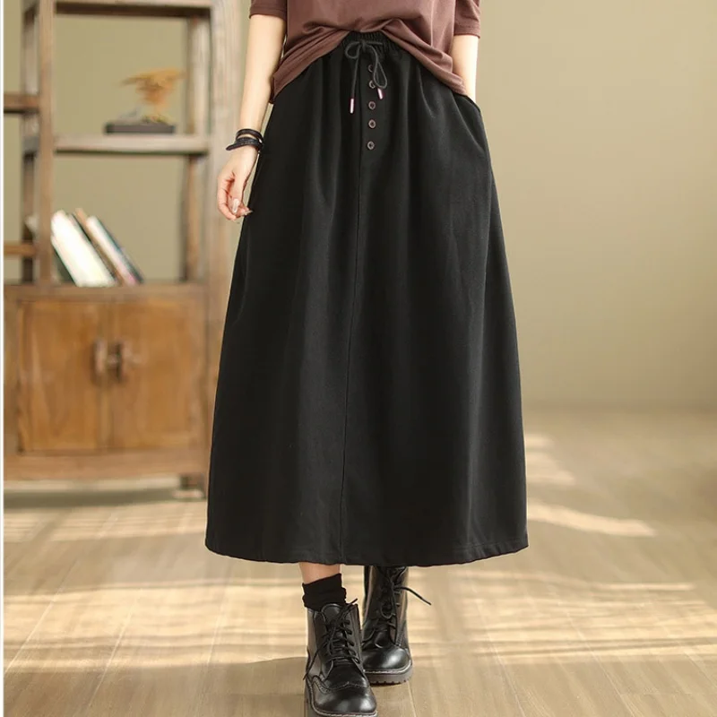 Woolen Midi Skirt For Women In Autumn And Winter High Waist Solid Color Versatile Elastic Waist Drawstring A-Line Skirt W660  ﻿