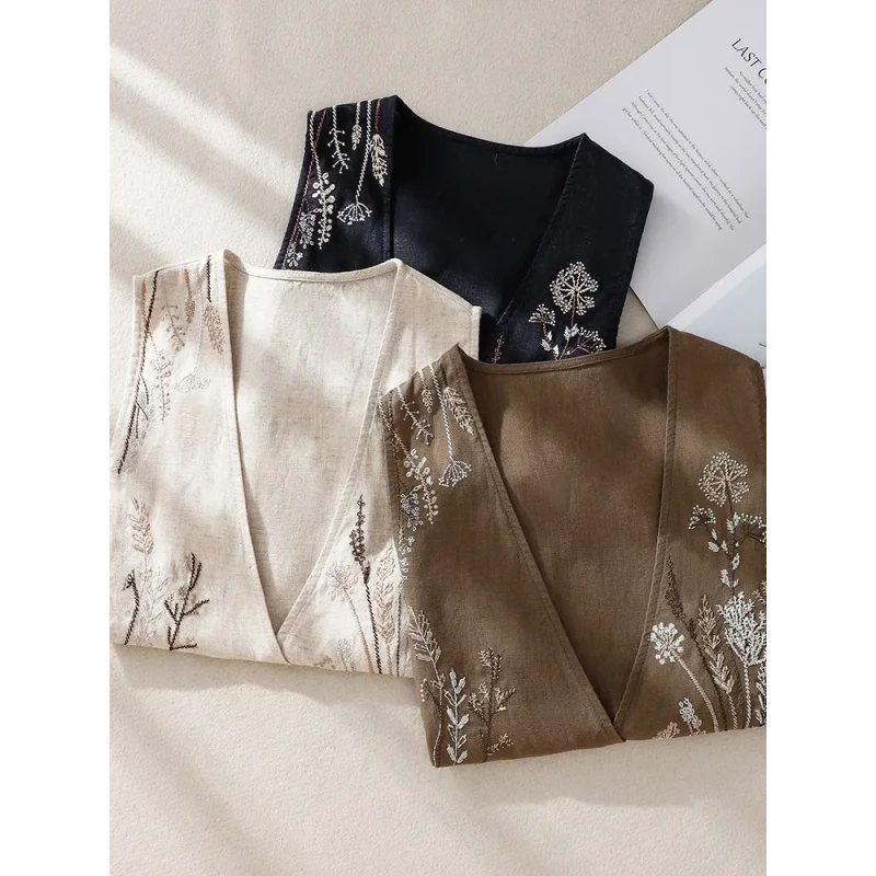 Retro Embroidered Cotton Linen Vest Women Summer Outerwear V-neck Sleeveless Lightweight Breathable Top