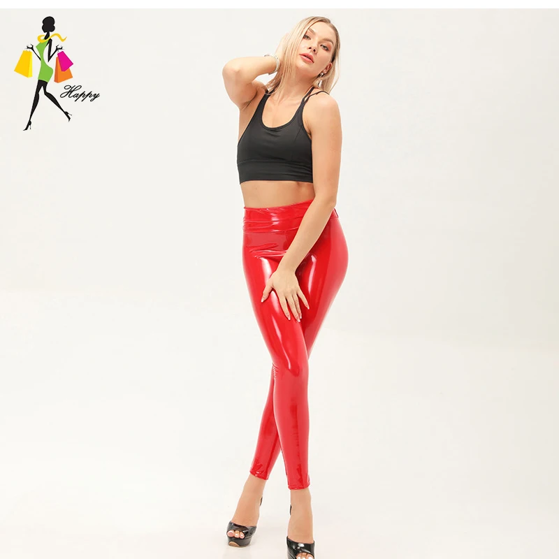 Sexy Shiny Patent Leather Leggings Women High Waist PU leather Pencil Pants Stretch  Trousers Elastic Black Leggings Seameless