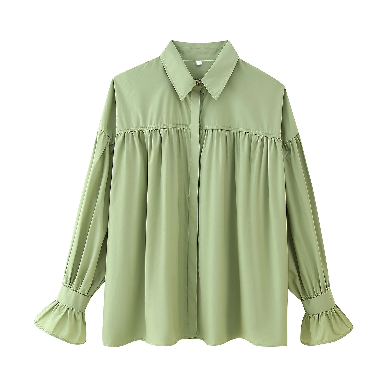

Topenomi 2025 Autumn Lapel Flare Sleeve Shirt Women Simple Solid Folds Loose Lady Tops Korean Temperament Versatile Blouse Blusa