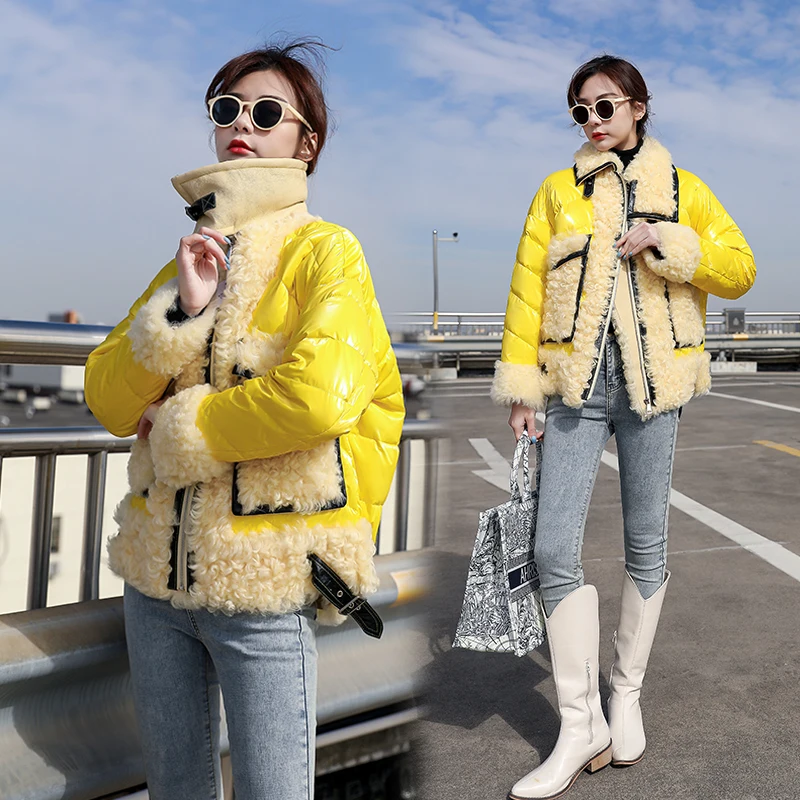 

2023 New Winter White Duck Down Coats Parkas Women's Fashion Splice Lambswool Jackets Ladies Short Glossy Down Coat Jacket Parka