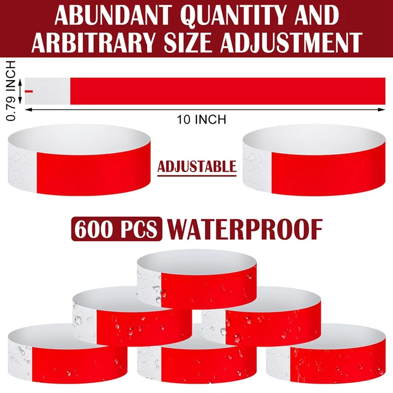 600 قطعة من أربطة اليد المقاومة للماء معصمه النيون للمناسبات والحفلات الموسيقية لاصق للحفلات باللون الأحمر