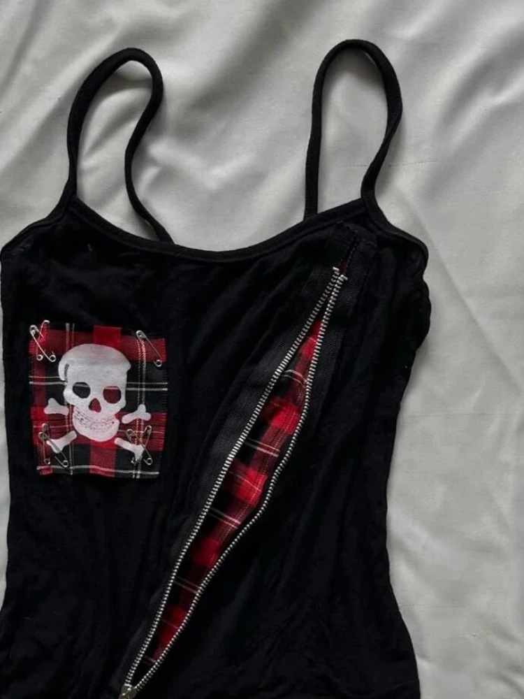 اليابانية الجمجمة الطباعة الدبابات Y2k الجمالية منقوشة المرقعة المرأة سستة تانك القمم Harajuku عارية الذراعين خمر مثير الشرير بروتيل #3