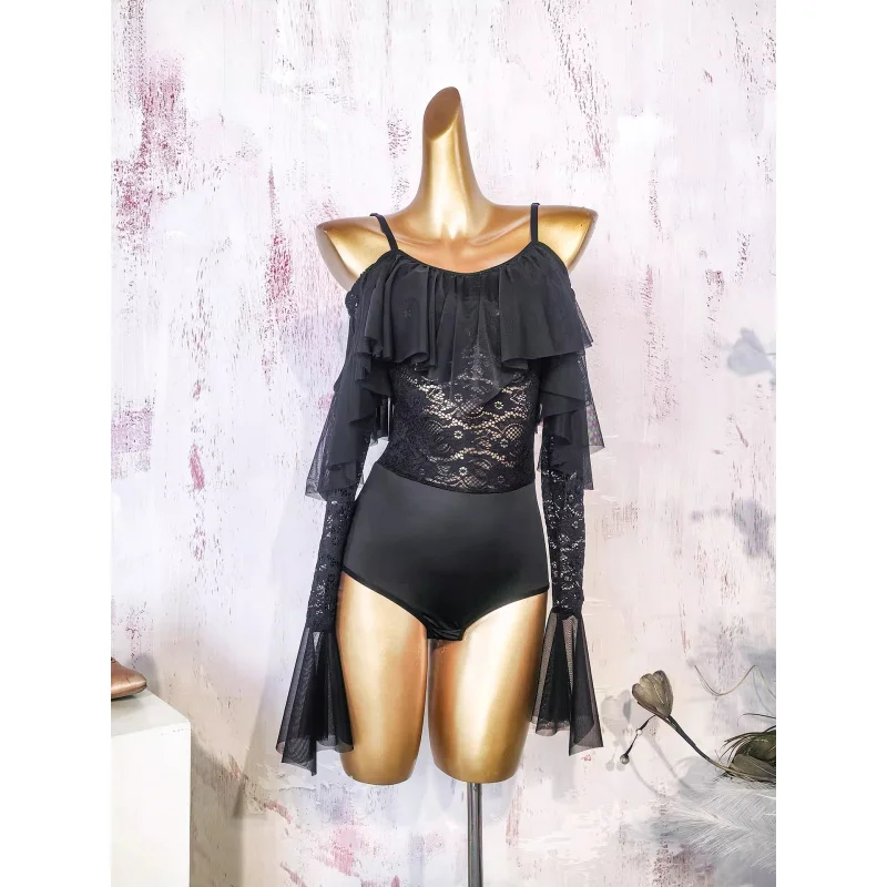 

Костюмы для латинских танцев для женщин, кружевное трико без рукавов с расклешенными рукавами, платье для тренировок и выступлений ADL276