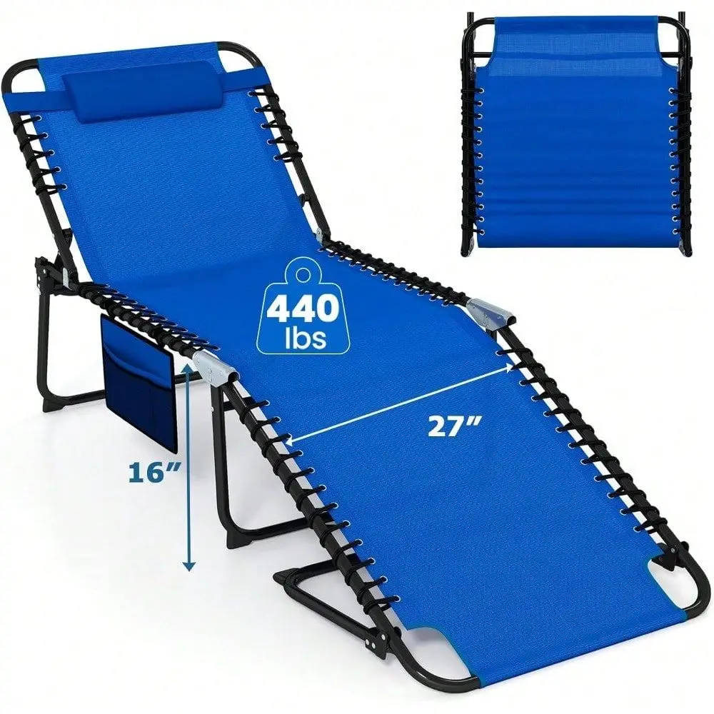 

Lounge Chair, Outdoor Folding 5Postion Beach Lounge Chair With Detachable Pillow, Side Pocket, Adjustable Tanning Chair For Pat