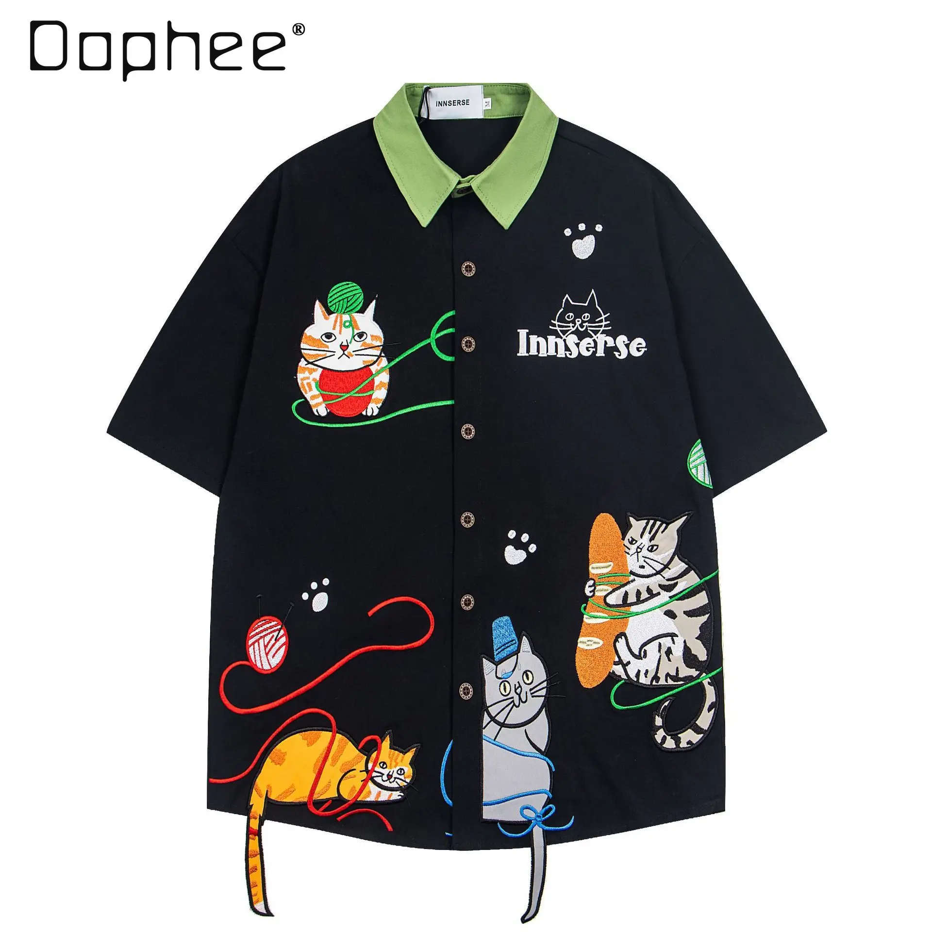 

Contrast Color Collar Cat Embroidery Short-sleeve Shirt for Men and Women Summer Trendy Brand Loose Design Half-sleeve Shirt