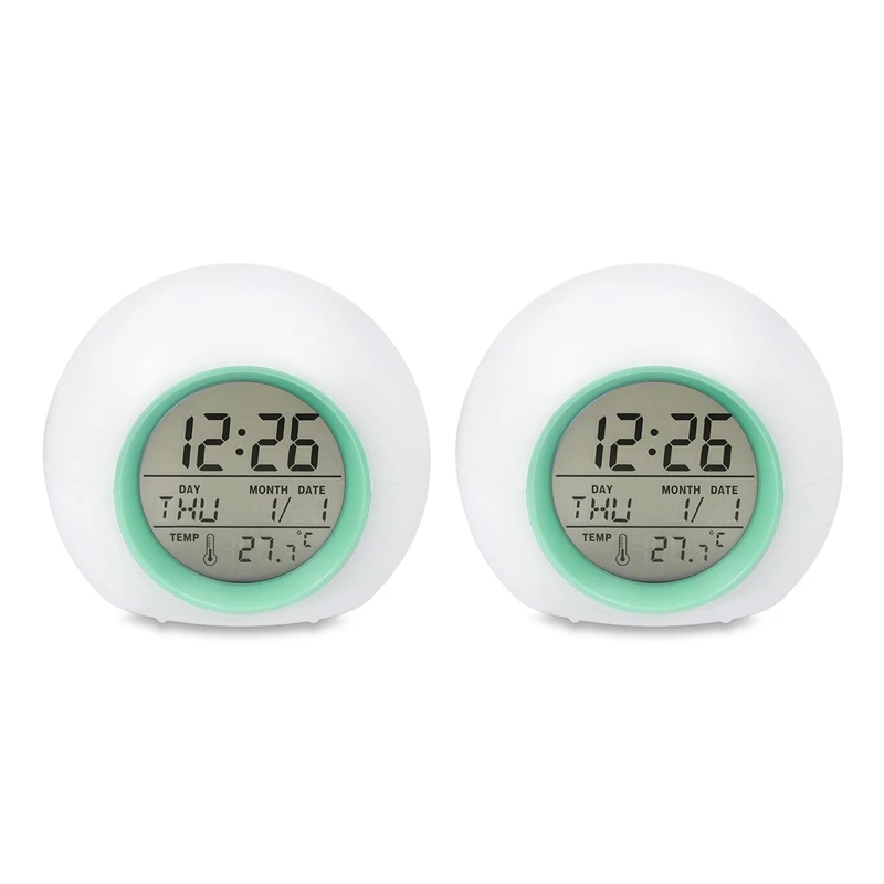 

2X Kids Alarm Clock - Wake Up Light Digital Clock With 7 Colors Changing, Press Control And Snooze Function For Bedrooms