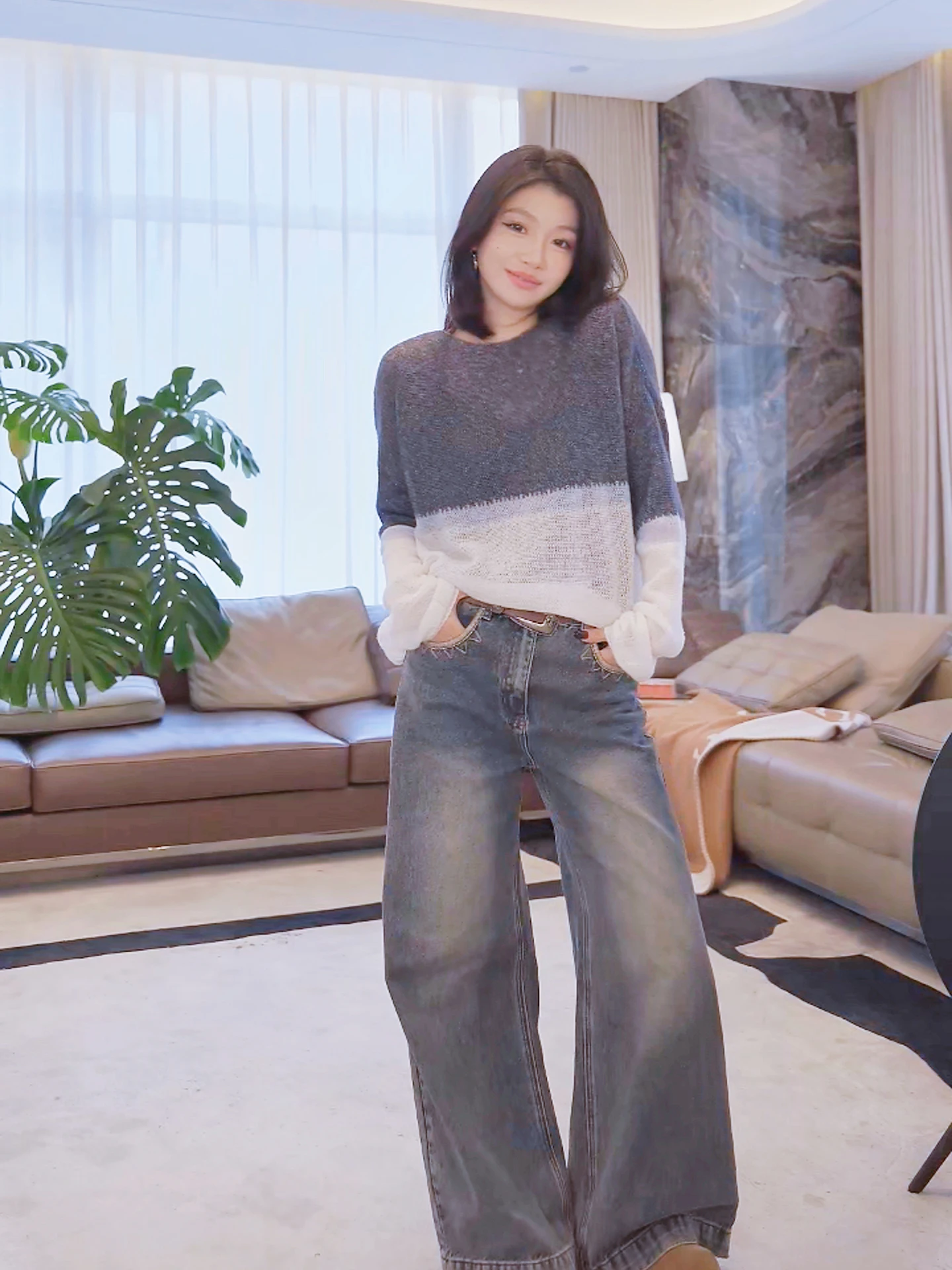 

Faionable adient Splicing Slim Fit Camere Blend Long Sve round Ne Mid-Length Sweater ME【Cloud Mist irt】Linen Woo...