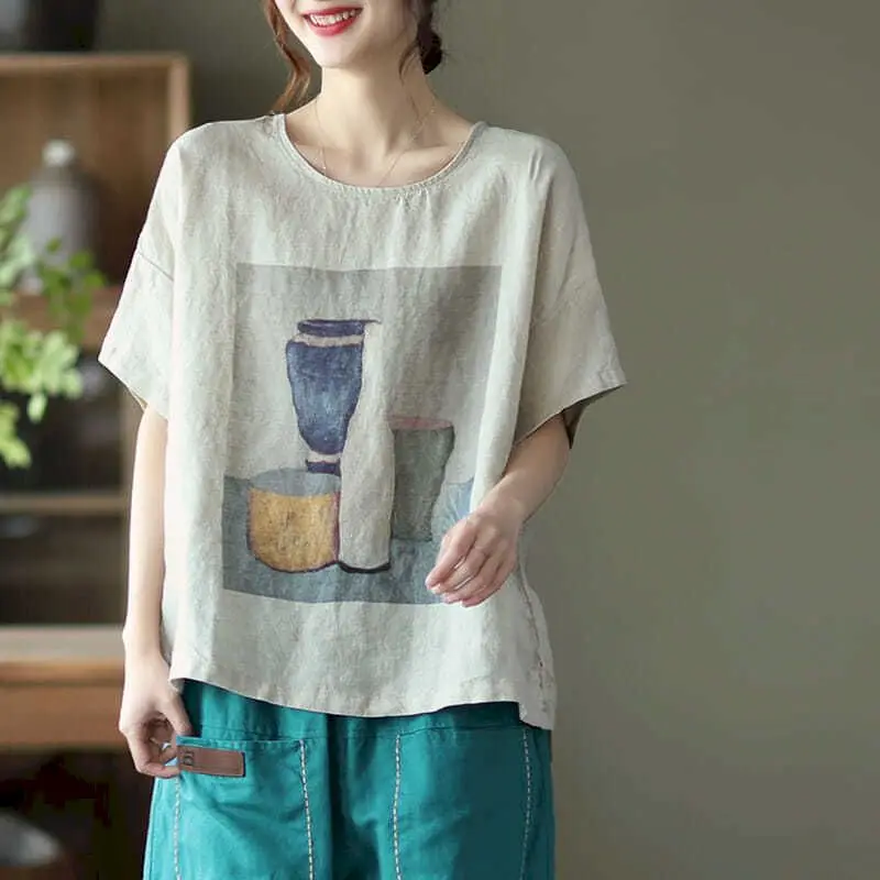 القطن الكتان تي شيرت المرأة موضة خمر الفن تي شيرت مطبوع عادية فضفاض كم قصير البلوز القمم 2025 الصيف رقيقة التي شيرت