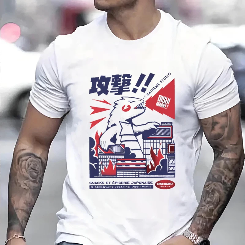 

Urban Anime Dinosaur Graphic Men's Woman's T-shirt Unique Japanese Cartoon Design Couple's Clothing Streetwear Trend Casual Top