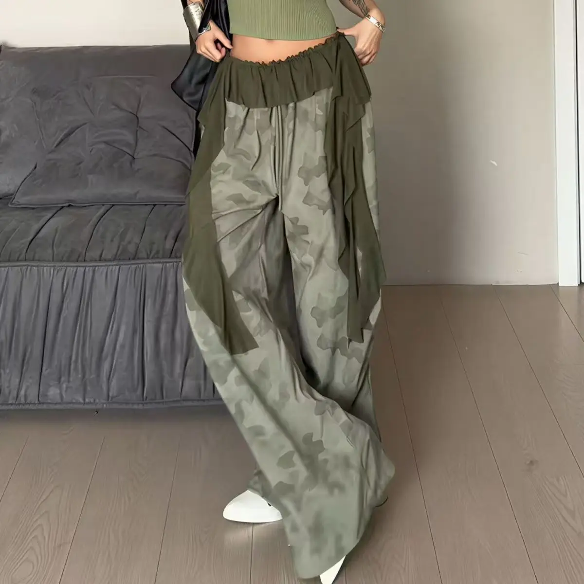 الأمريكية Y2K الهيب هوب الدانتيل المرقعة التمويه بانت المرأة الشارع الشهير البضائع السراويل خمر عالية الخصر الخريف تصميم واسعة الساق بانت