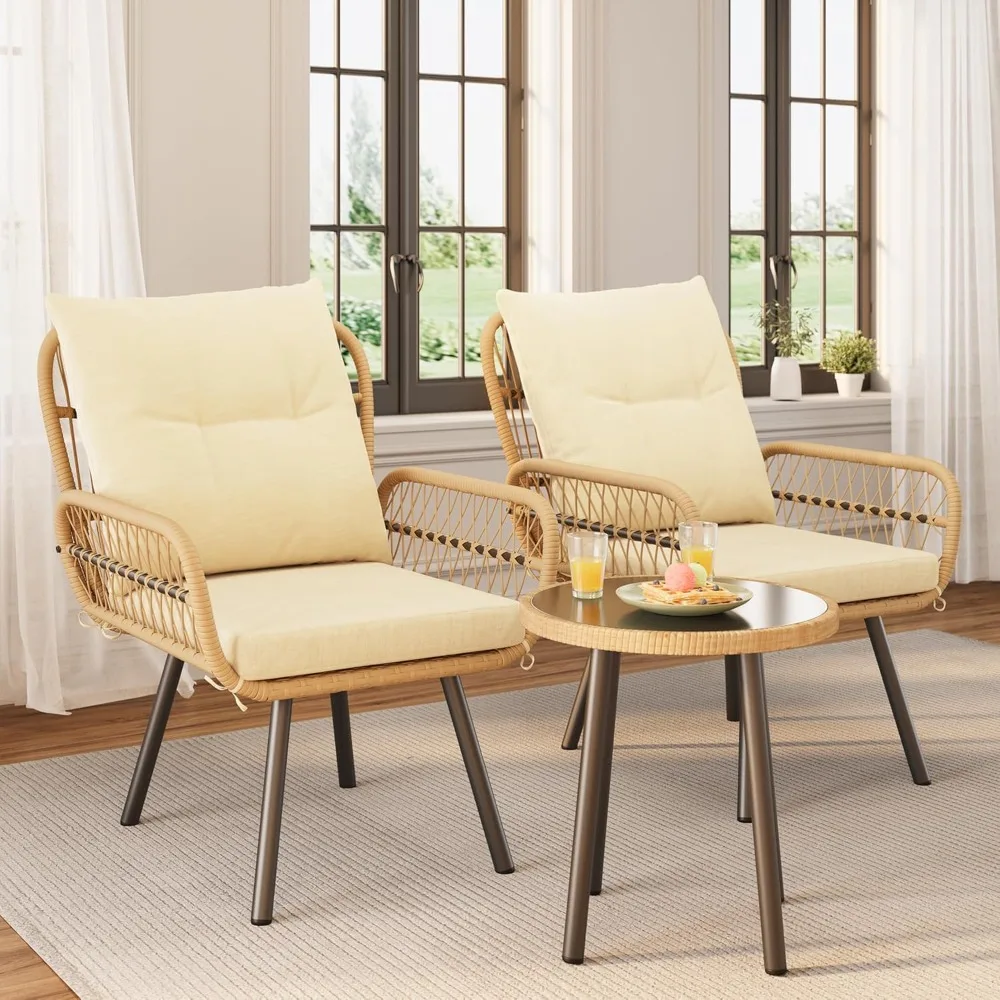

3 Piece Patio Bistro Furniture Set, Outdoor Wicker All-Weather Balcony Furniture Sets, Rattan Table and Chairs Set of 2