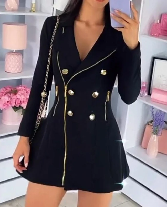 Dresses for Women 2024 New Buttoned Zipper Pocket Design Long Sleeves Lapel Blazer Dress Elegant A Line Dress Work Mini Dress