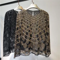 Women's Sequin Blouse See Through Party Tops Beaded Sparkly Shirts Sequin Beading Shirt Luxury Sexy Full Sleeve Pullovers Tops