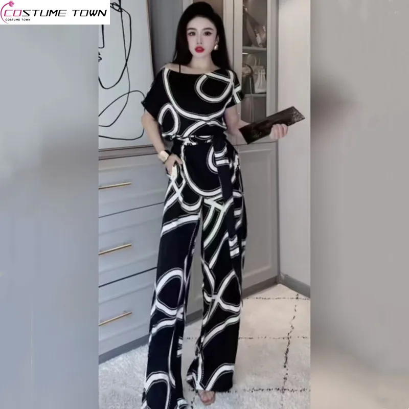 

High end fashion mass loose printed shirt+casual wide leg pants two-piece set summer new item