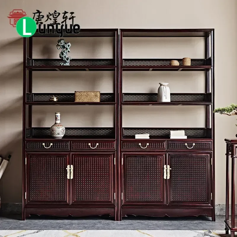 Ming Style Zambian Blood Sandalwood Bookshelf Chinese Solid Wood Antique Multi Layer Display Shelf Floor Standing Transparent