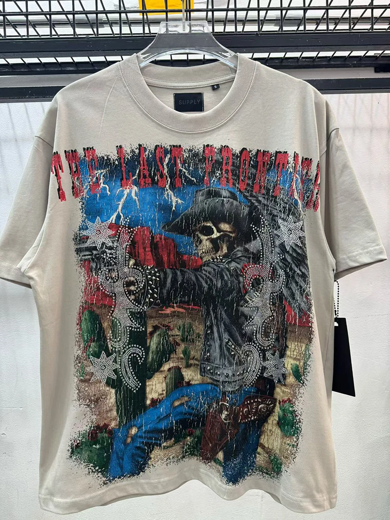 Schwarzes Western Cowboy Pferde-Grafik T-Shirt für Herren Vintage Distressed Acid Wash Strass T-Shirts Lässige Sommer-Oberteile – Detail 3