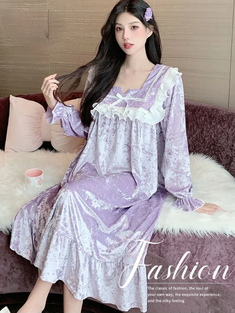 

Sweet Long-sleeved Night Gown Women Sleep Dress Luxury French Nightgowns Lace Loungewear Maxi Dresses Princess Home Wear New