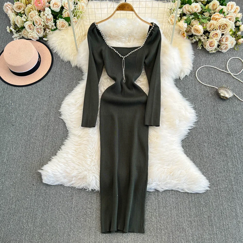 Chic Rhinestone Slim Backless Square Neck Knit Pencil Dress High Street Vintage Evening Korean Sexy Women Autumn Winter Clothing