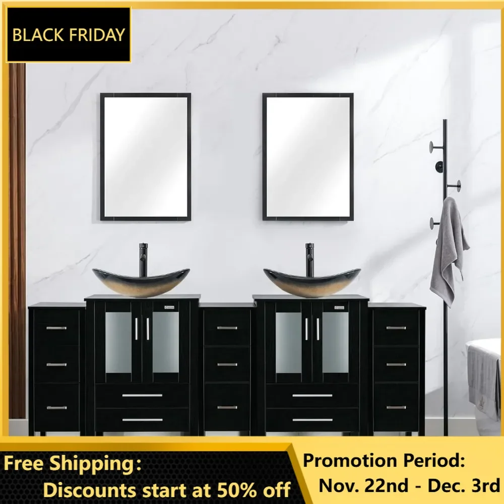 bathroom organizers, Bathroom Vanity Sink Combo Black with Side Cabinet Champagne Boat Tempered Glass Vessel Sink & Water Save F