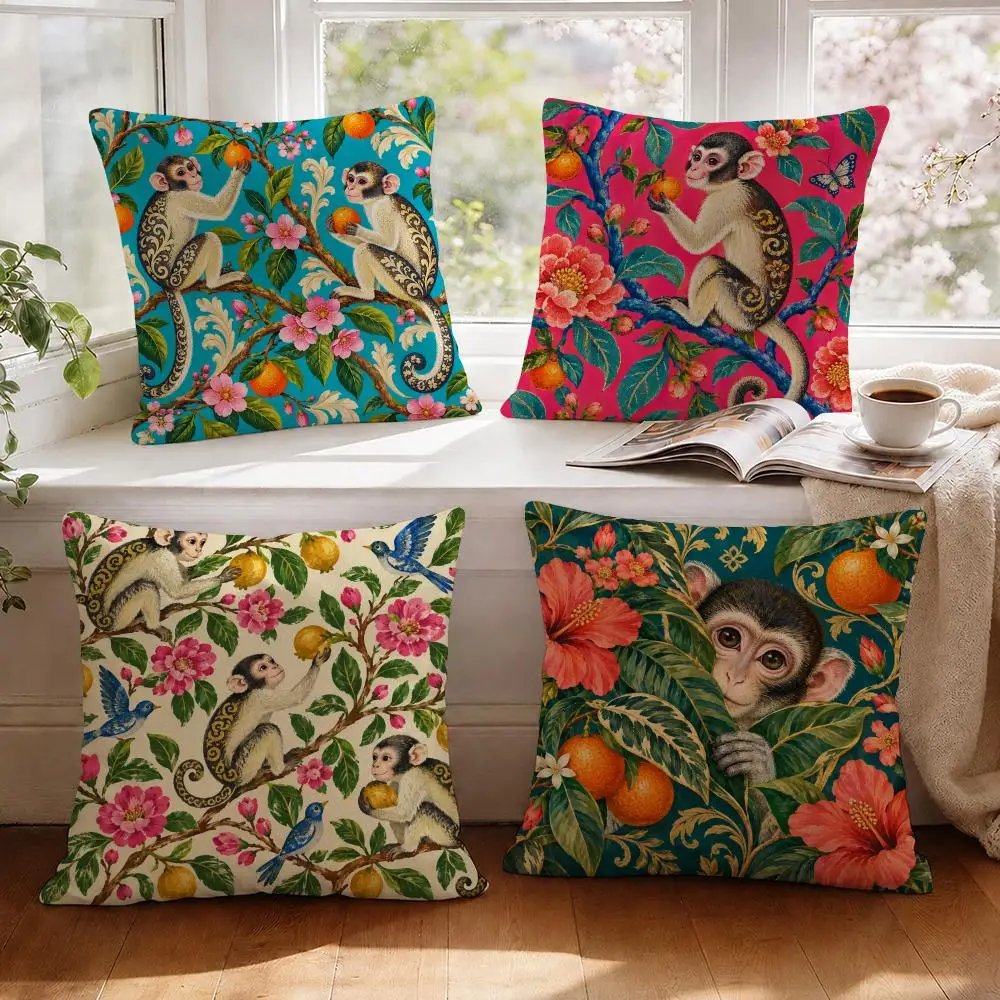 Vintage Monkeys Cushion Cover 1/4Pcs Linen Throw Pillow Covers Double-Side Print Sofa Couch Living Room Decor