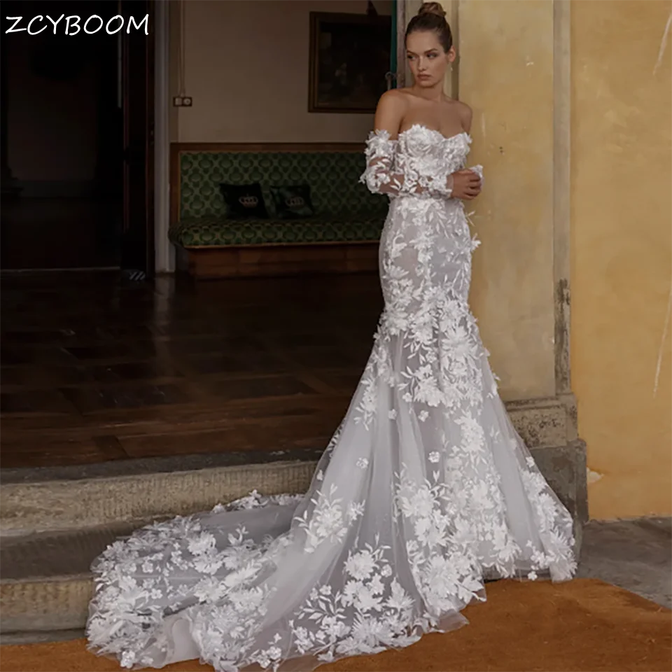 

Customized Elegant Off The Shoulder Lace Appliques Beaded Mermaid Wedding Dresses 2023 Open Back Court Train Tulle Bridal Gowns