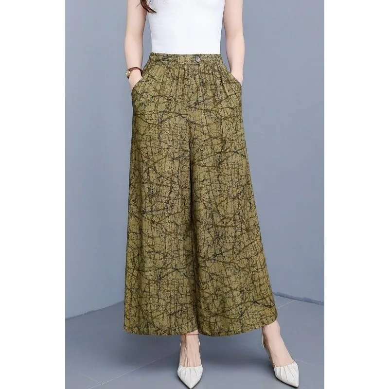 Women's Brown And Navy Floral Print Wide Leg Pants Elastic Waist Loose Fit Trousers