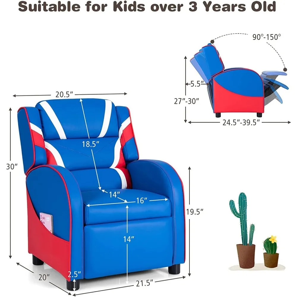 Kids Recliner, Youth Gaming Recliner w/Headrest, Footrest, Lumbar Support, Side Pockets, Adjustable Recliner Sofa for Kids