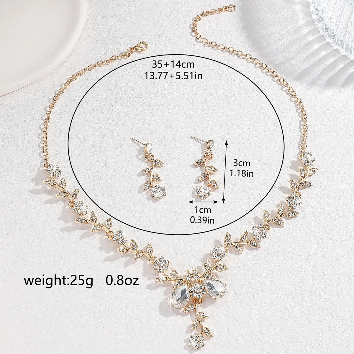 Summer Vine Branches and Leaves Crystal Necklace Earrings 2-piece Set Women's Countryside Garden Banquet Dress Accessories