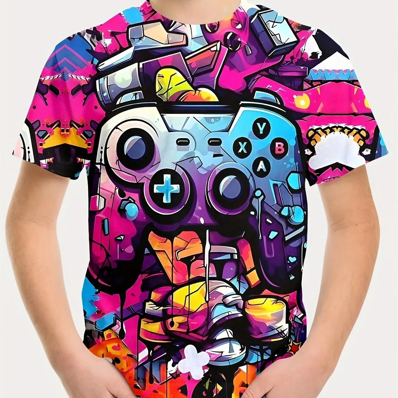 Camisetas infantis com estampa gamepad 3D, gola redonda, manga curta, roupas para meninos, moda infantil, verão