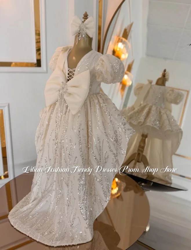 Customized Ivory Shimmering Flower Girl Dress Princess Puff Sleeves Bow Train Children's Birthday Dress Children's Party Dress