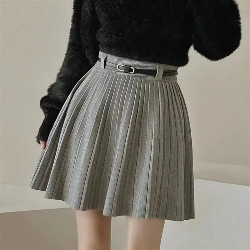 Herbst Winter Gestrickte Plissee Röcke Frauen Koreanische Mode Hohe Taille A-linie Röcke Damen Elegante Streetwear Grau Mini Rock