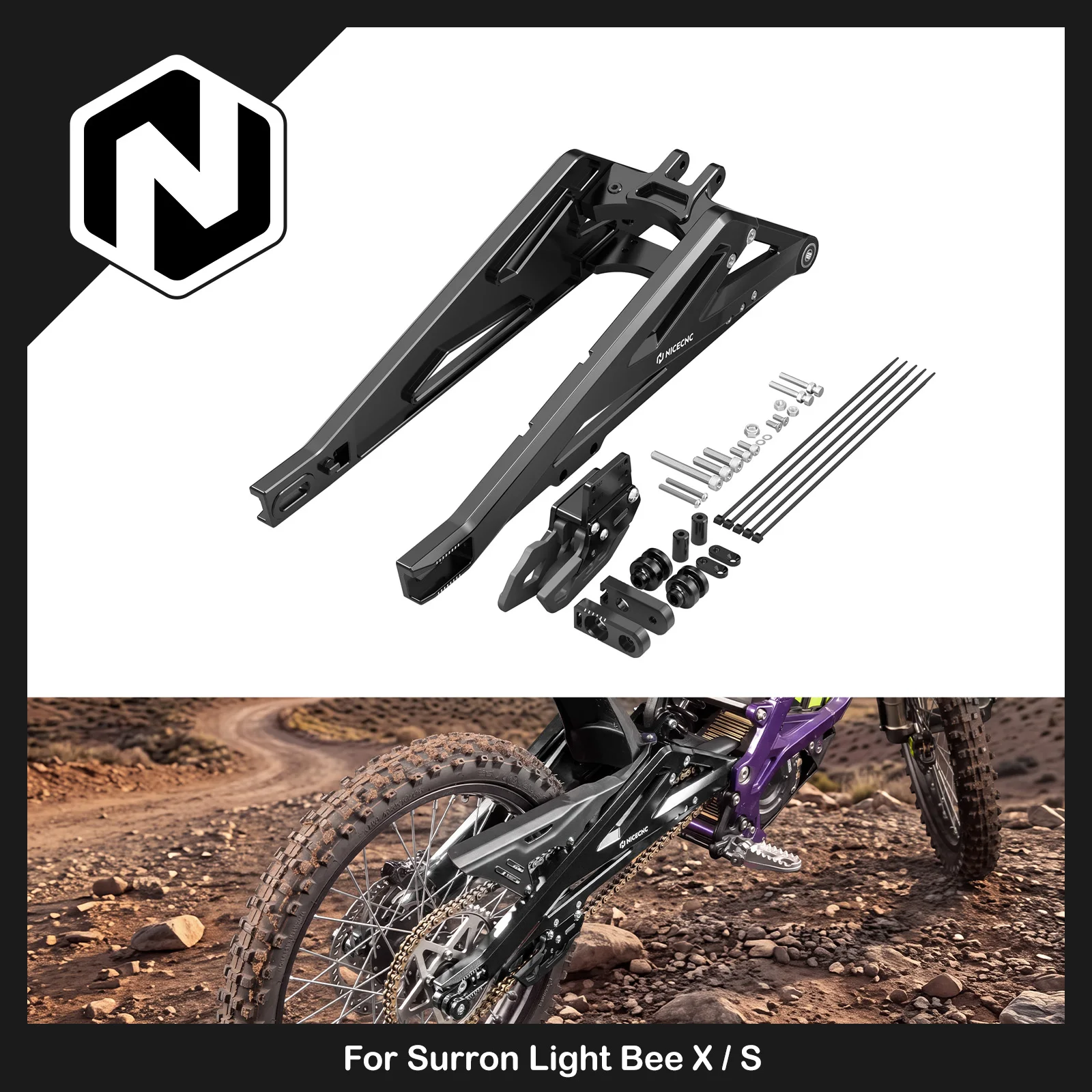 NICECNC 100mm Extended Rear Swingarm For Surron Light Bee X Light Bee S L1E Electric Dirt Bike Segway X160 X260 Rear Swing Arm