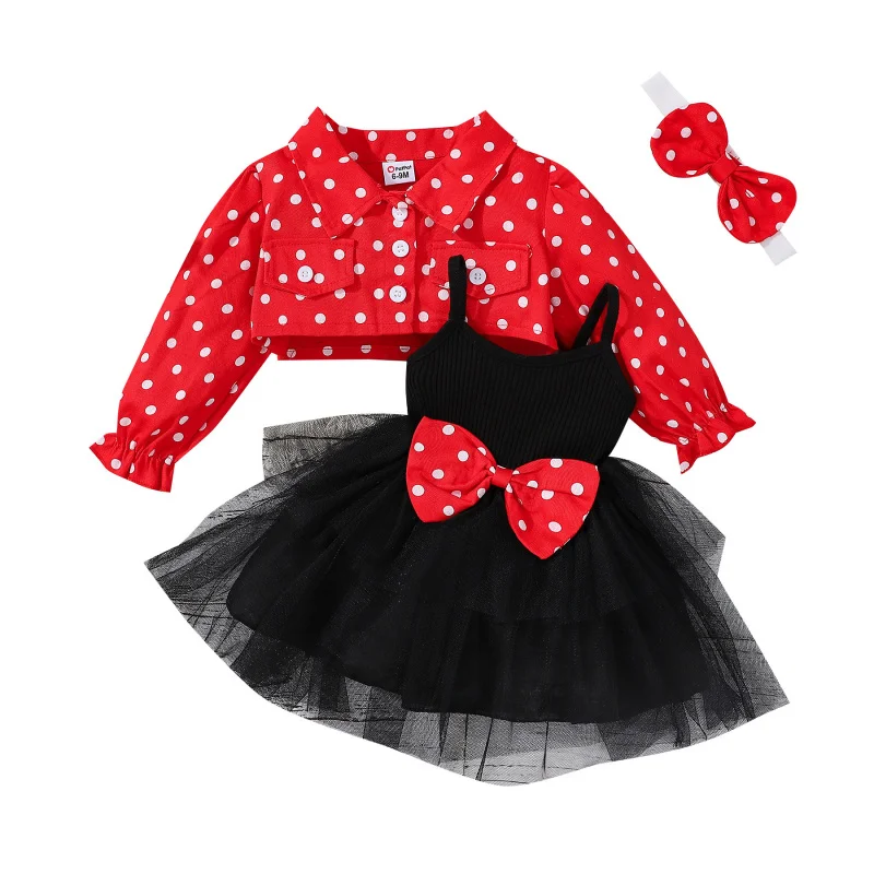 

Autumn and Winter Girls' Skirt Set Infant and toddler suspender mesh bow dress+Polka Dot Lapel Jacket