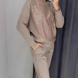 Vestidos Women's Fashion Diamonds Hooded Sweatshirt Sports Suit Autumn Winter O Neck Solid Color Loose Basic 2-piece set 2025