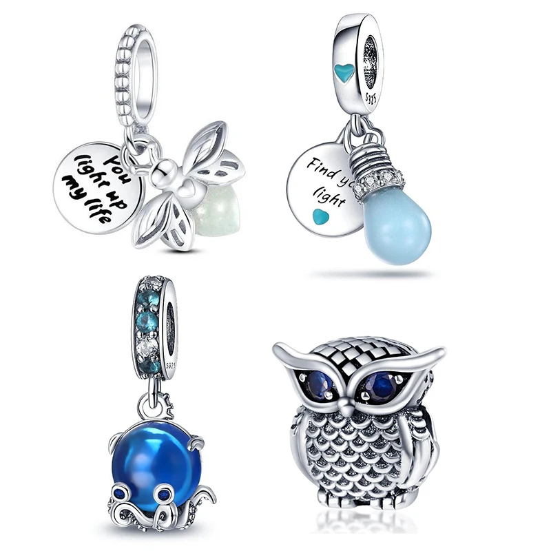 Nuevo colgante Original de cuentas de plata 925 compatible con pulsera Pandach, bombillas luminosas de luciérnagas y búho pulpo, joyería DIY
