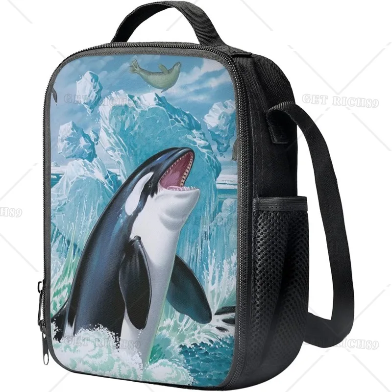 Killer Whale Insulated Lunch Box for Kids Girls Boys Animal Tote Reusable Food Lunch Bag for Daycare School Pouches with Strap