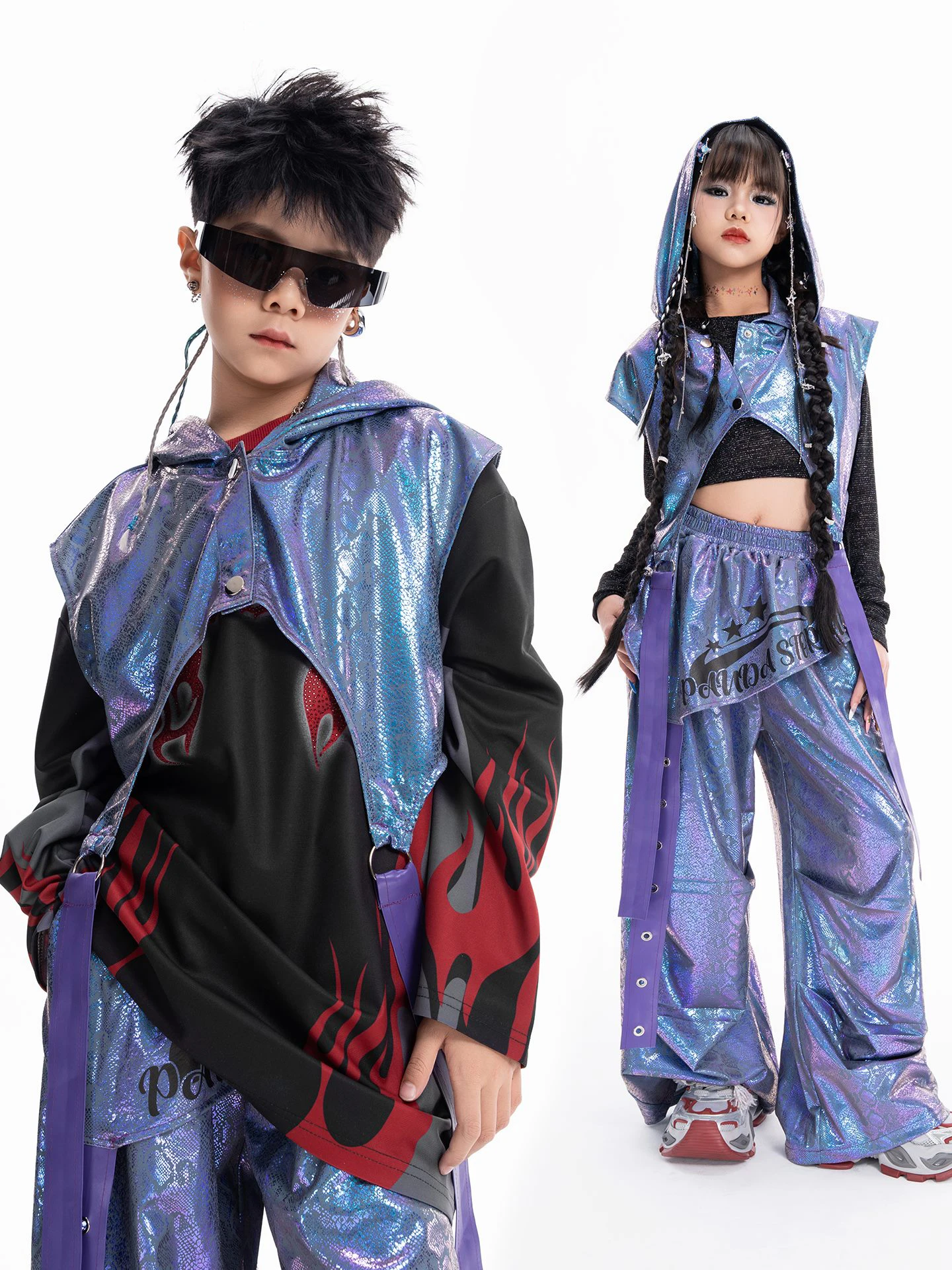 

Детский танцевальный костюм в стиле хип-хоп, жилет с капюшоном, брюки, фиолетовый костюм для мальчиков и девочек, подиум, концерт, джаз, одежда для выступлений, сценическая одежда