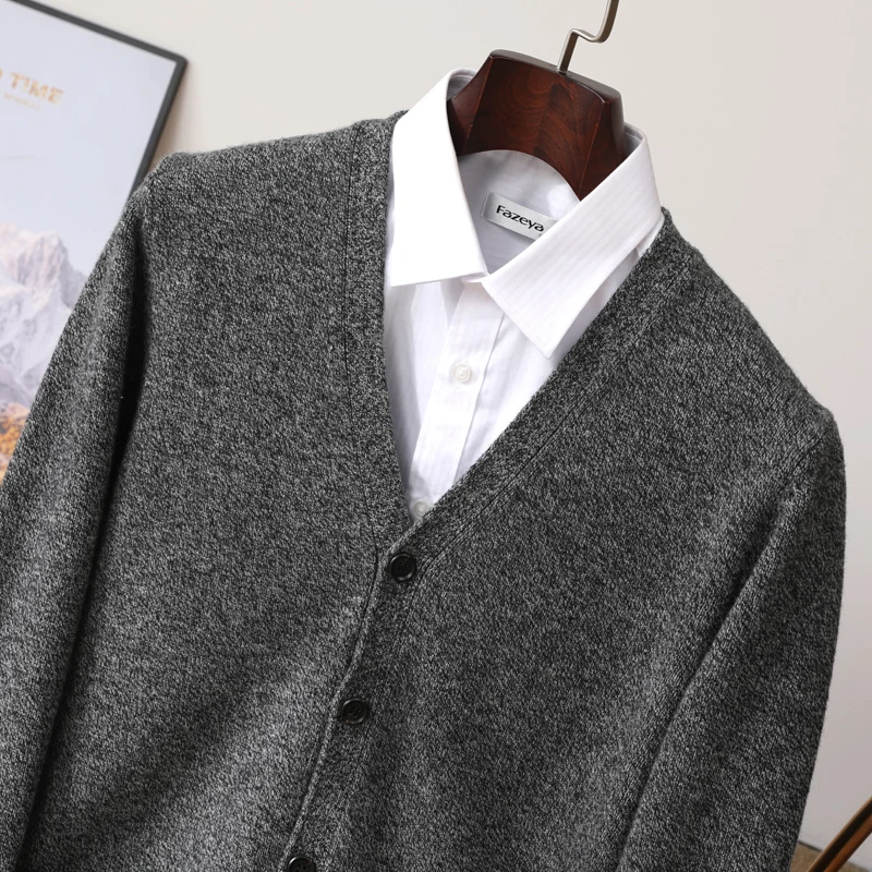 

Winter Men's Wool Cardigan V-neck Pocket Knitted Thickened New Business Casual Cashmere Solid Color Bottoming Coat