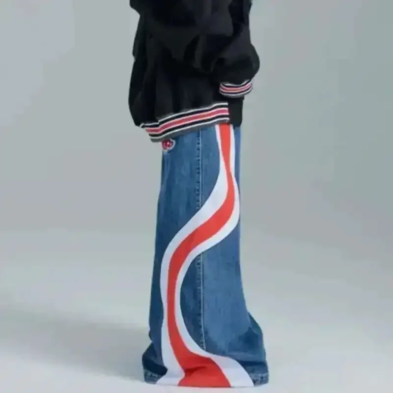 

American High Street Striped Jeans Men's Contrast Color Spliced Design Streetwear Spring New Wide Leg Pants Trendy