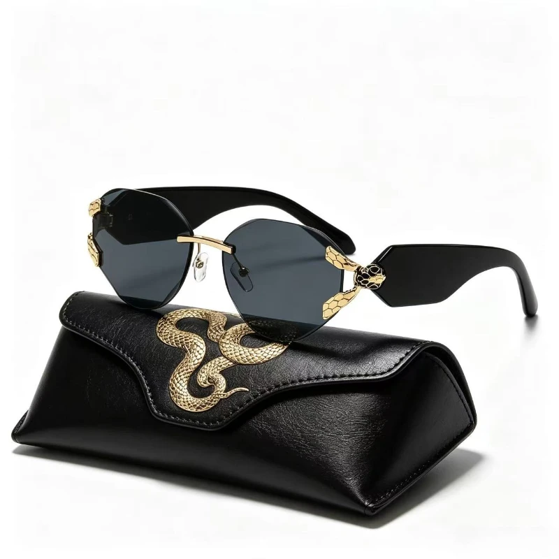 Image of 2026 Schlangenkopf-Dekor Randlose Sonnenbrille für Damen mit UV400-Schutz, breiten Bügeln und Farbverlauf – ideal für Straße & Autofahren