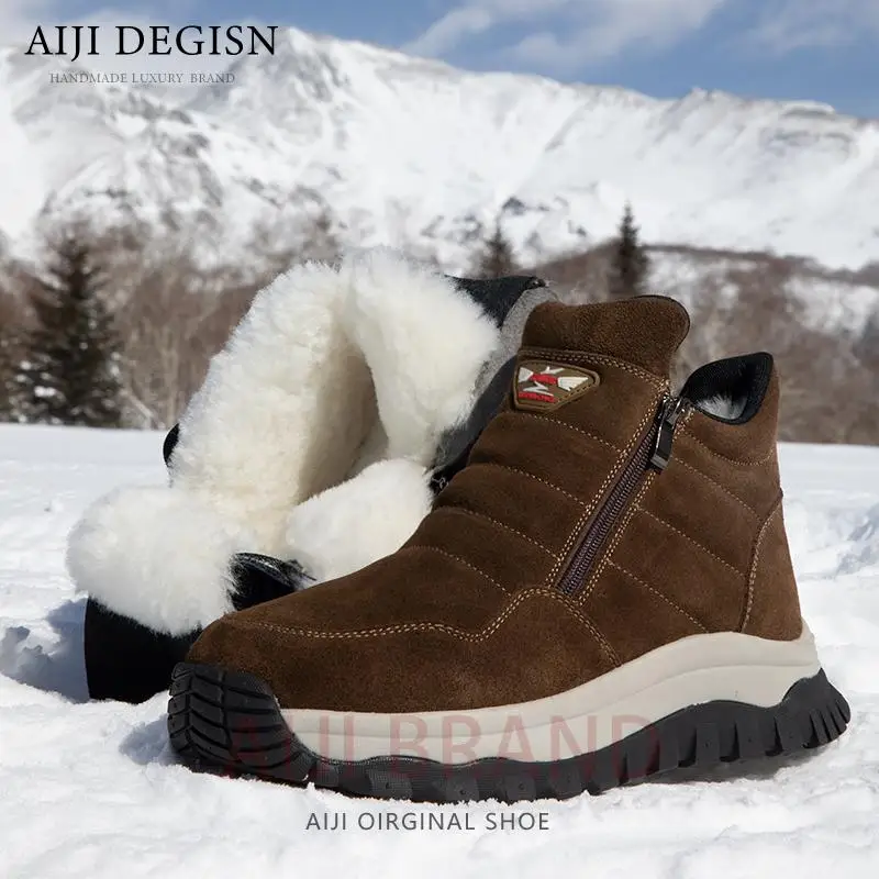 

Men's Snow Boots Winter Thick Plush Warm Fur Wool Cotton Shoes Male Outdoor Casual Cow Suede Thick Sole Ankle Boots