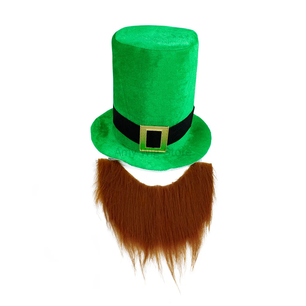 Chapeau en velours Shamrock avec moustache verte pour adultes, accessoires de fête, Leprechaun, barbe