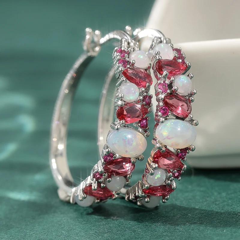 Exquisite silberfarbene, mit rosa Zirkon eingelegte, opalimitierende Damenohrringe, modische Verlobungs-Ohrringe für Damen – Detail 1