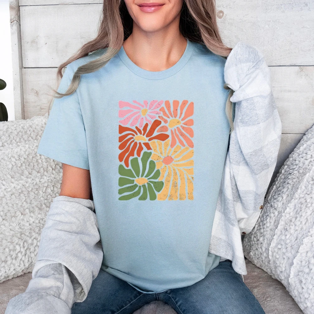 Boho Flowers Abstract Daisies Design Premium 3x 4x Flowers Women's Short Sleeve Tee Comfort Colors Casual Women's t-Shirts