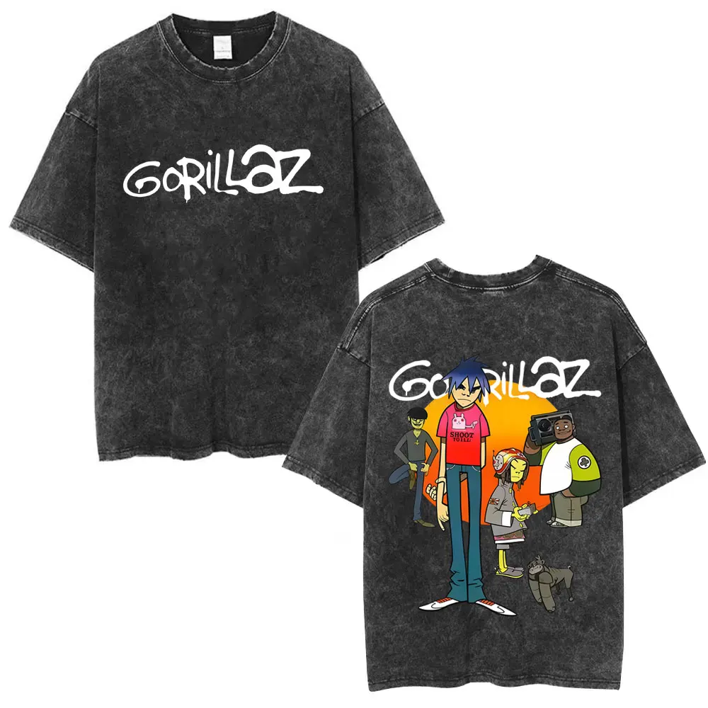 

Washed Vintage Gorillaz Double Sided Print T-shirt Men Women Hip Hop Fashion Oversized T Shirts Tops Unisex Rock Band Streetwear