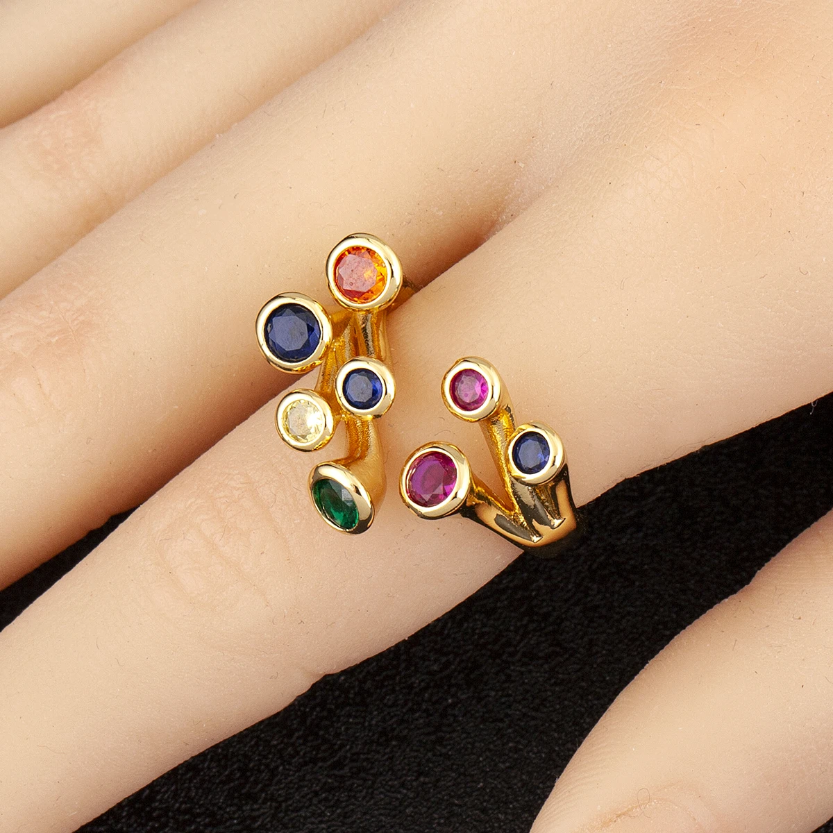 AIBEF 4 ألوان مطعمة الملونة الزركون خواتم مفتوحة قابل للتعديل للإناث الذكور غير النظامية تصميم كريستال فنجر مجوهرات هدية