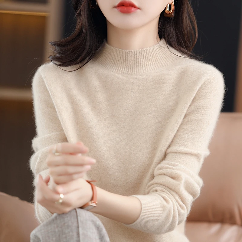 

Off-Season Women's Cashmere Sweater Half High Collar Short Knitted Woolen Base Layer Pullover Autumn Winter New Arrival