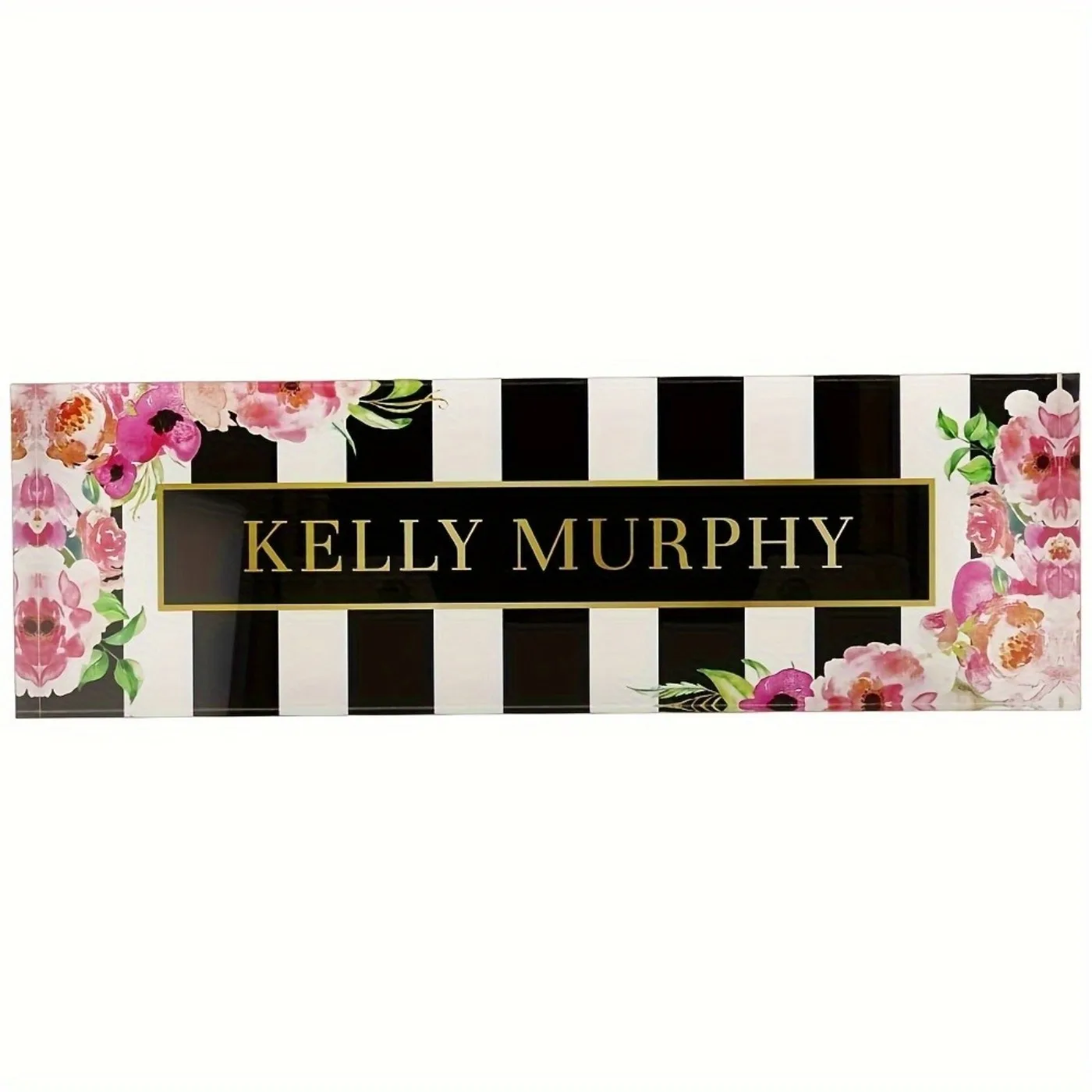 2D Flat Acrylic Nameplate, Floral & Striped Design, Office Decor & Desk Accessories (Only Decoration)