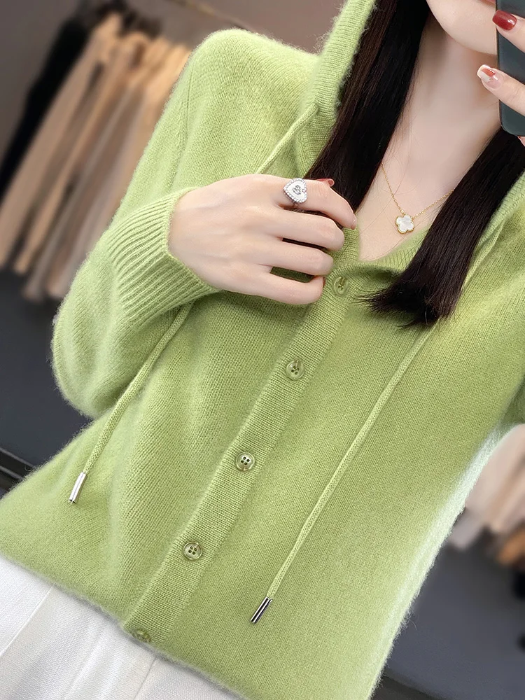 Fall Winter Merino Wool Cardigan women\'s Hooded Sweater Long Sleeve Knitted Outerwear Lady Clothes Knit Top Fashion Trend Casual